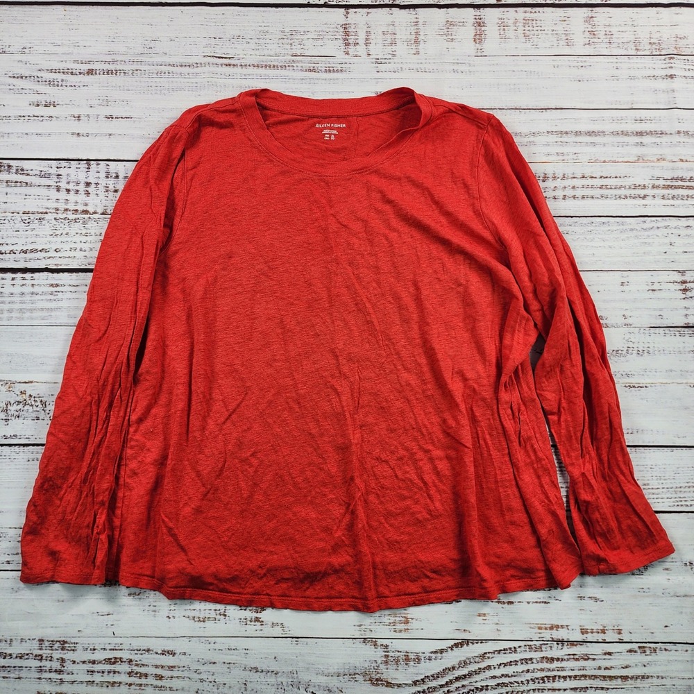 Eileen Fisher Organic Linen Jersey Long Sleeve Tee Womens XL Red Crewneck